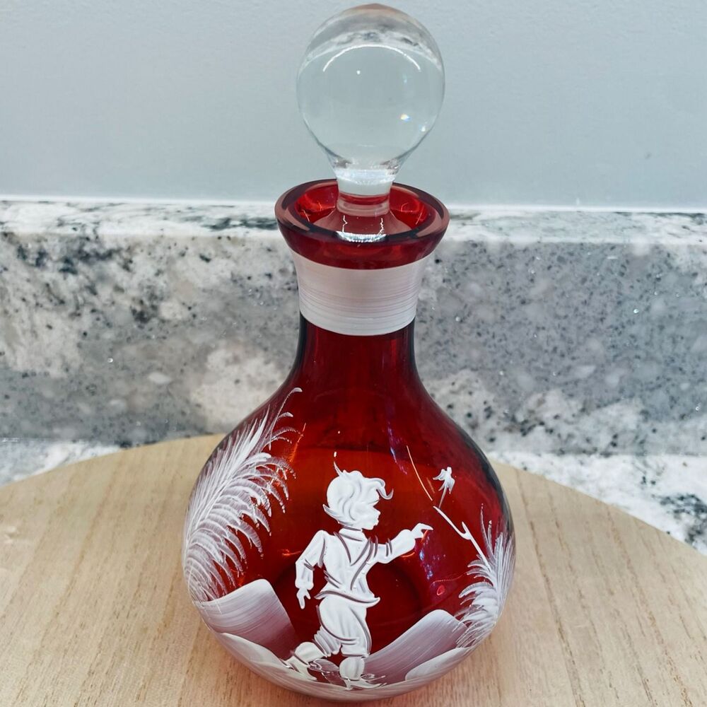 Fenton Vintage Cranberry Glass w/ Etched Enamel Design Decanter Boy Bird Woods